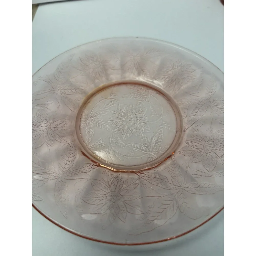 Jeannette Floral Poinsettia Pink Depression Glass Sherbet Cups Plates Set 12pc